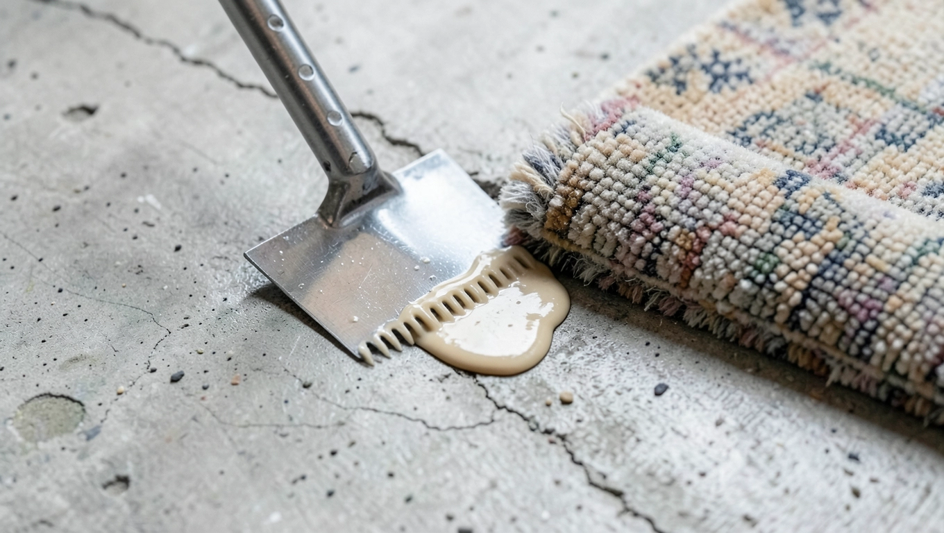 Aplikacja kleju do wykładzin na betonie