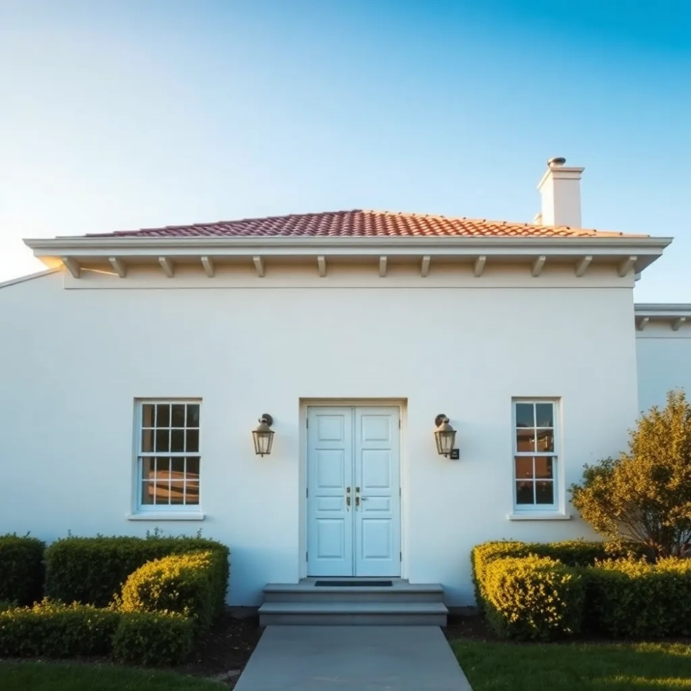 Białą elewacją domu parterowego