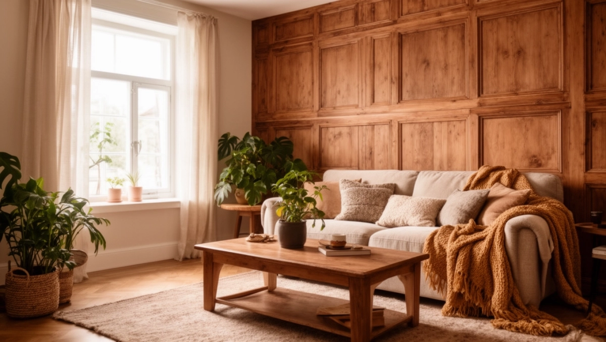 boazeria na ścianie w salonie