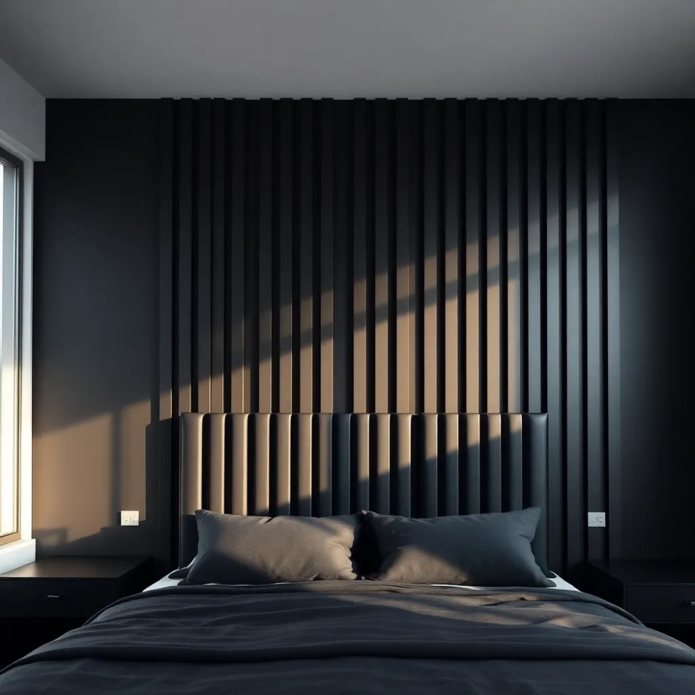 Czarna sciana z lamelami w sypialni
