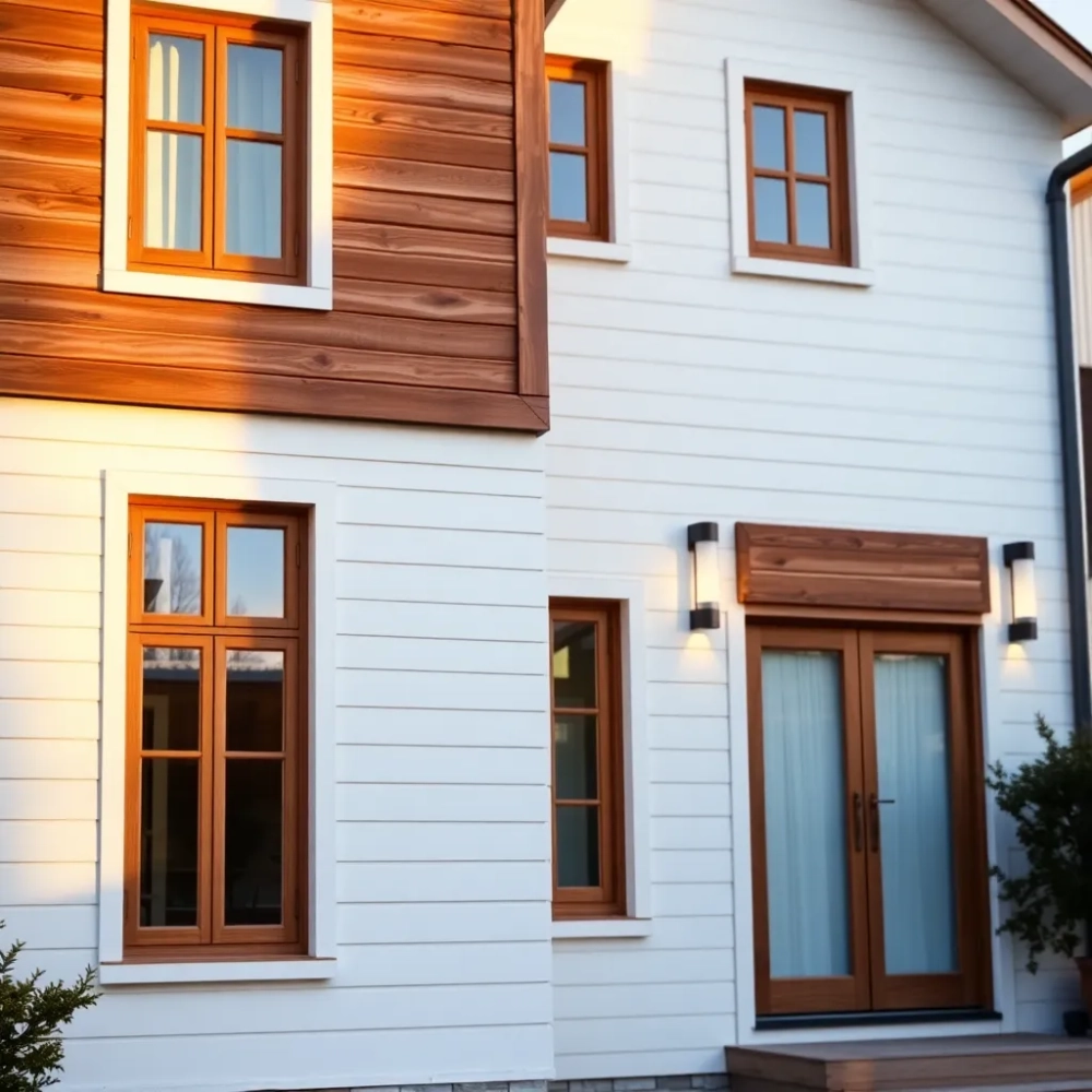 Elewacją domu biała z drewnem
