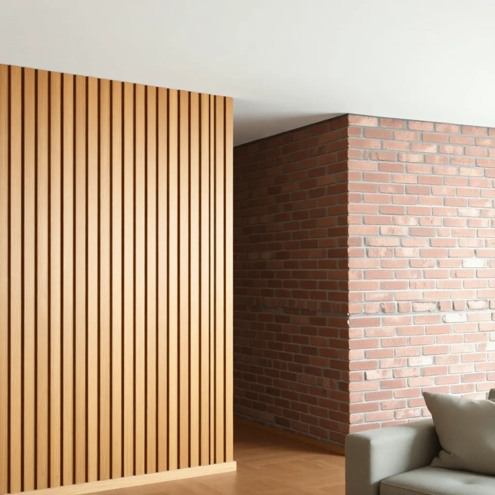 Lamele i cegła w salonie