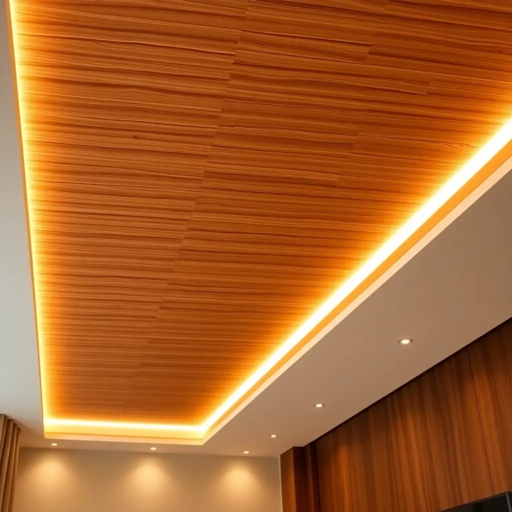 Lamele na suficie w salonie