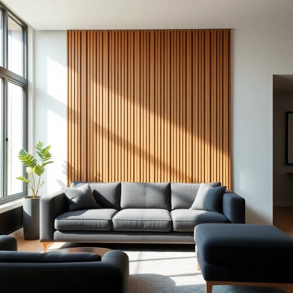 Lamele w salonie za kanapą