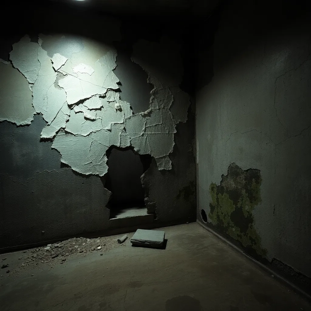 Odpadający tynk w piwnicy