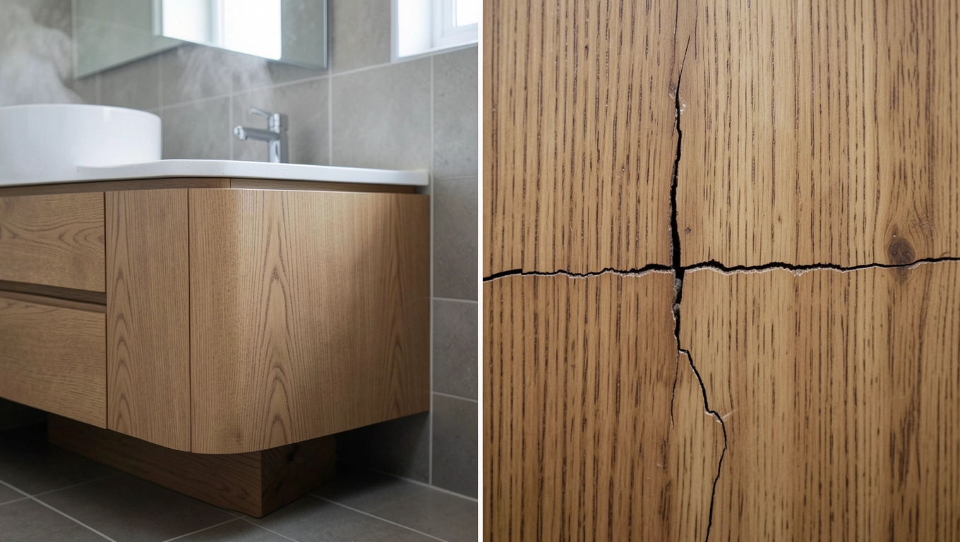 Porównanie forniru dębowego z lite drewnem w łazience