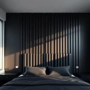 Czarna sciana z lamelami w sypialni