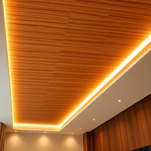 Lamele na suficie w salonie