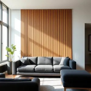 Lamele w salonie za kanapą