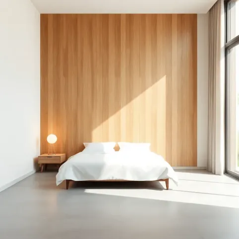 Sypialnia z lamelami na ścianie