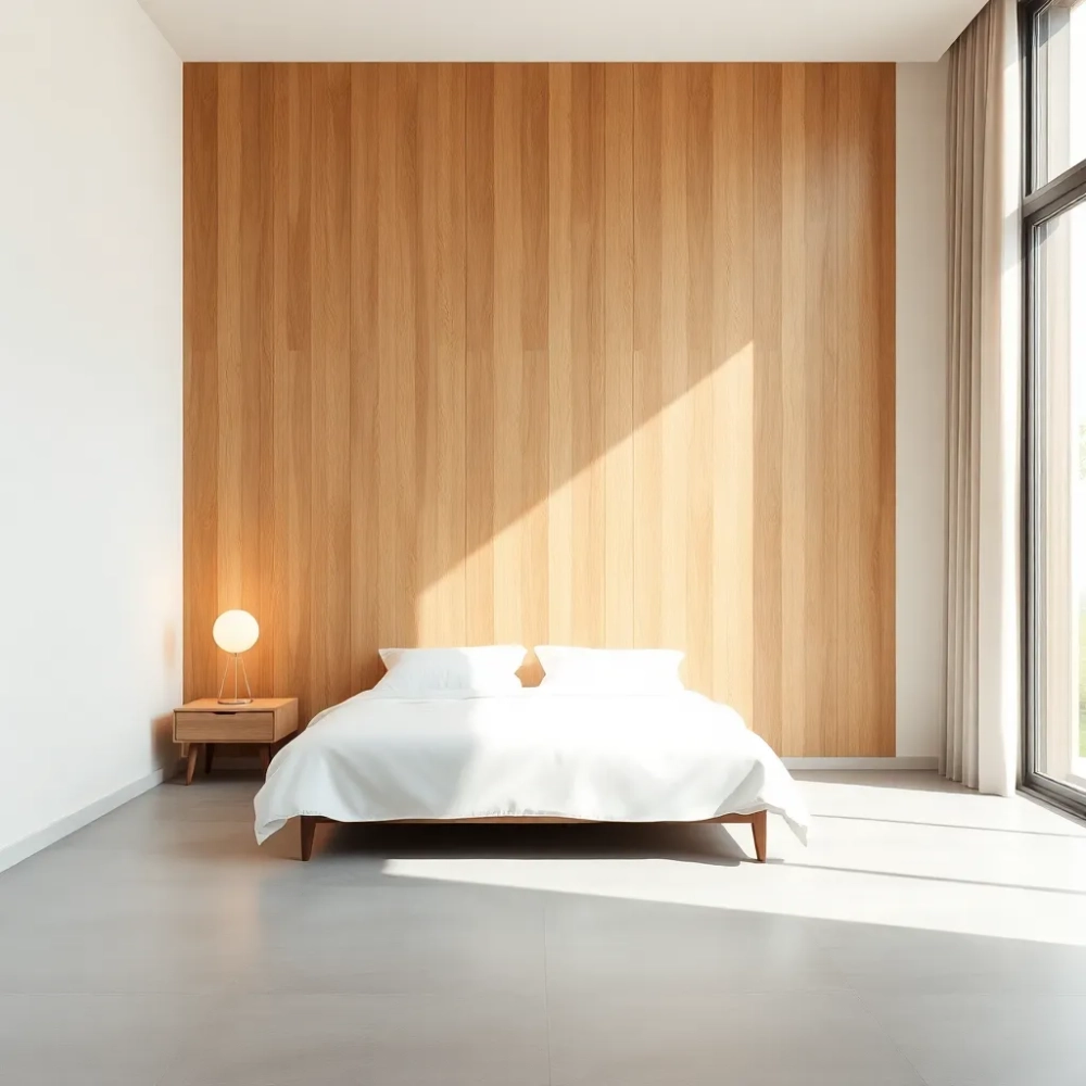 Sypialnia z lamelami na ścianie